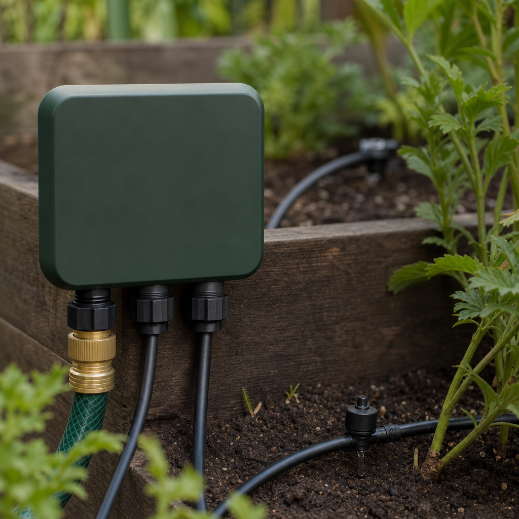 meihd controller connected to a standard garden hose and drip line