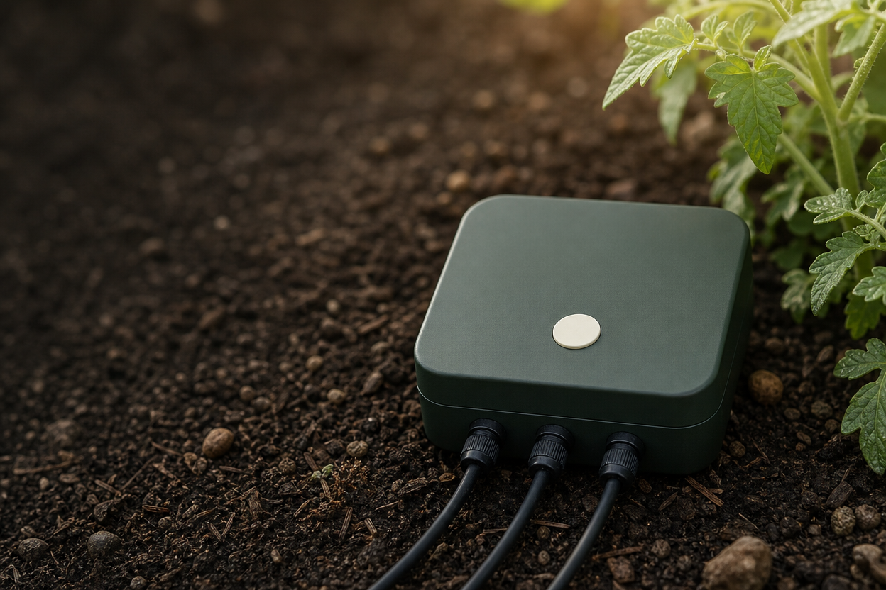 A meihd garden controller keeping watch beside a healthy tomato plant
